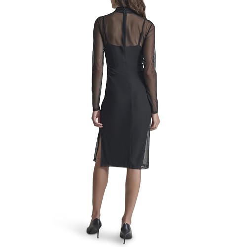 DKNY Women's Long Sleeve Mesh Turtleneck Dress - Large Black