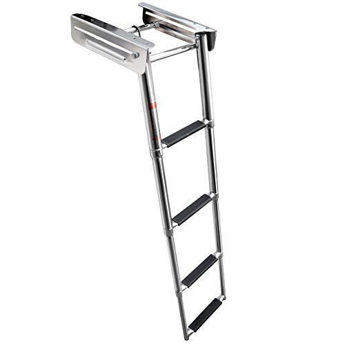 Stainless Steel Pontoon Boat Ladder - Telescopic Marine Deck Ladder with 600 lb Capacity
