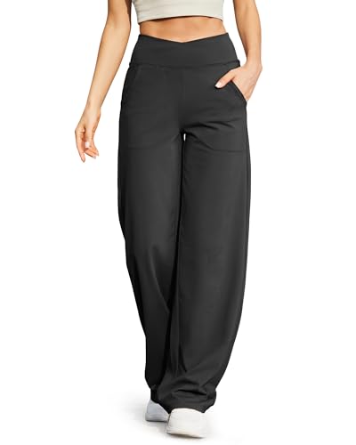 G4Free Wide Leg Yoga Pants for Women with Pockets - 31 Inch Inseam, Black, Medium