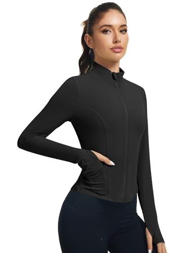 Women's Cropped Athletic Jacket Long Sleeve Workout Top Black Small