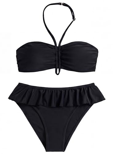 Girls Swimsuits Bikini Sets 2 Piece Bathing Suit with Ruffles & Adjustable Halter - 10 Years / Black