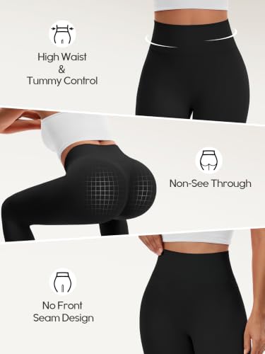 Medium Black High Waisted Yoga Leggings for Women 25 Inch - Seamless Workout Pants