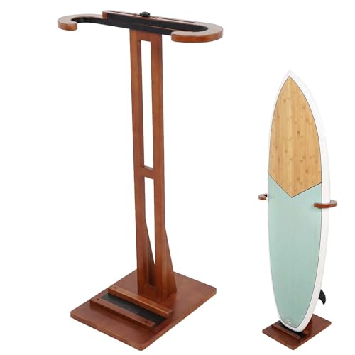 JUSTOOP Dark Brown Beech Wood Surfboard Stand Rack - Floor Standing Organizer for Shortboard & Longboard