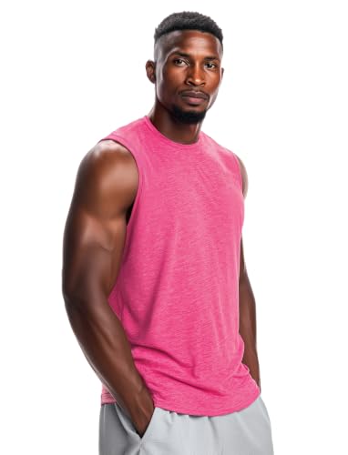 Zengjo Men's Tank Top Workout Sleeveless Shirt - Quick Dry, Loose Fit, Neon Pink Heather, X-Large