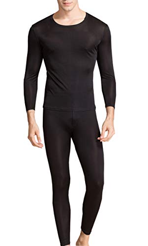 Men's Mulberry Silk Long Underwear Set - Black Large Thermal Base Layer