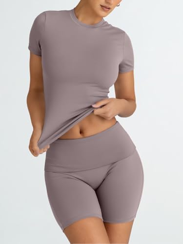 Women's 2-Piece Workout Short Set - Summer Activewear, Coffee Grey, Small