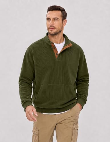 Men's Corduroy Sweatshirt Quarter Button Pullover XL Jungle Green