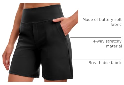 Women's Bermuda Shorts 7 Inch Inseam Athletic Long Shorts with Pockets - Black, Large