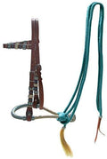 Showman Leather Bosal Headstall with Teal Rawhide Braided Bosal & Reins
