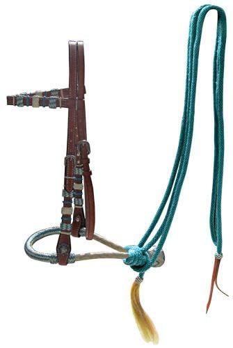 Showman Leather Bosal Headstall with Teal Rawhide Braided Bosal & Reins