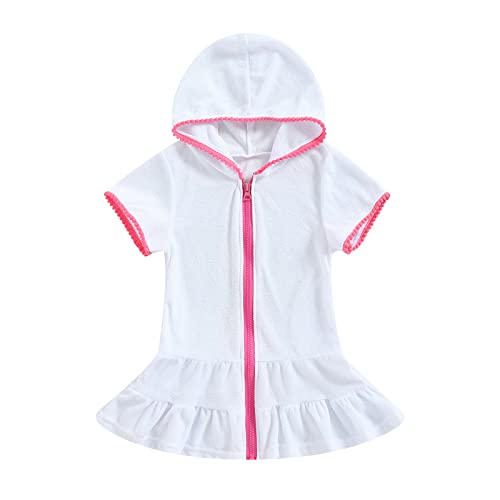 Toddler Girls Swim Cover Up with Hood and Zipper - White 1-2T