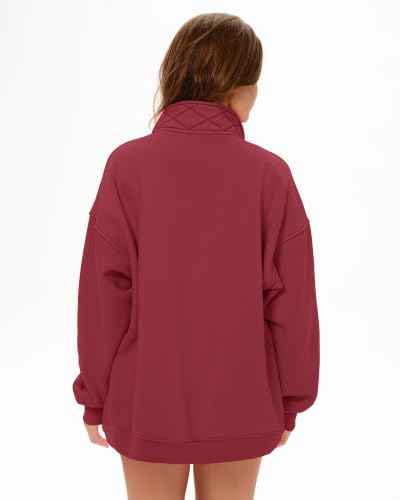 Oversized Womens Sweatshirt Henley Neck Pullover Top - Large Burgundy