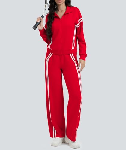 Women's 2 Piece Lounge Sets Zip Up Sweatshirt & Striped Tracksuit - Medium Red