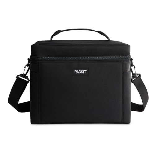 PackIt Freezable Newport Cooler, Black, Collapsible, Reusable, Built with EcoFreeze Technology, Wide Top Opening, Double Zip Closure, with Adjustable & Removable Shoulder Straps for Easy Carrying