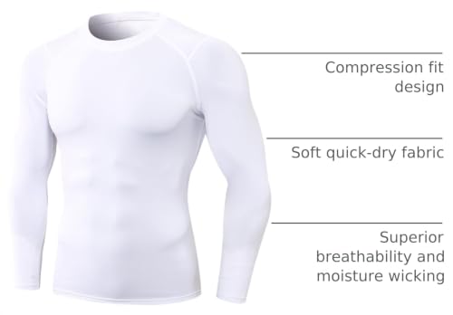Men's Compression Long Sleeve Athletic Shirt Large White Quick Dry Workout Base Layer