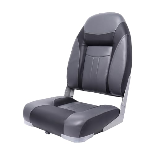 Folding Marine Boat Seat with High Back Support - Gray/Black, Heavy Duty, Adjustable, Waterproof Fishing Seat