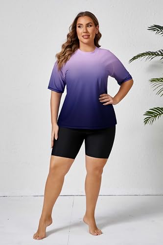 Halcurt Women's Plus Rash Guard Swim Shirt Boyshorts Set Ombre Purple 2X
