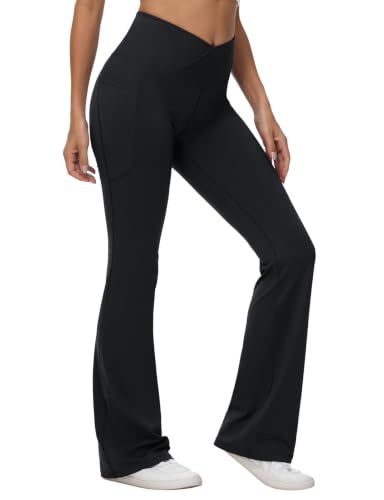 Baleaf Women's V Crossover Flare Leggings with Pockets High Waist 34 Inch Inseam Large Black