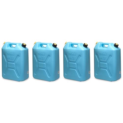 4 Pack Portable Water Jugs - 5 Gallon Food-Grade Plastic Emergency & Camping Container with Reversible Spout - Blue