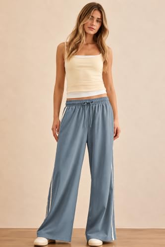 Large Dusty Blue Stripe Lace Trim Wide Leg Sweatpants for Women - Drawstring Activewear