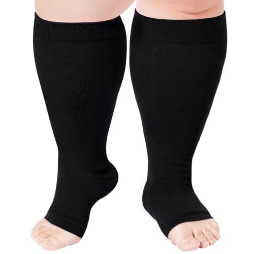 Plus Size Toeless Compression Socks for Women Open Toe Wide Calf Support - 5X-Large to 6X-Large, Black