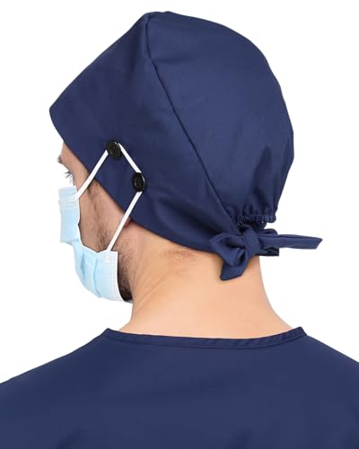 Black Navy Satin Lined Scrub Cap with 4 Buttons - Nurse Hat for Women Men