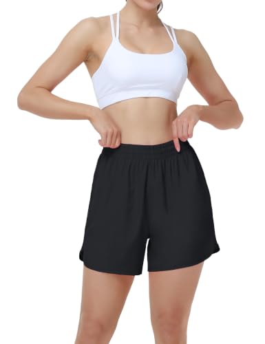 Women's Athletic Running Shorts with Pockets - 3 Pack, Medium, Black Gray Pink