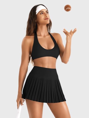 Women's Pleated Tennis Skirt with Built-in Shorts and Pockets - Medium Black