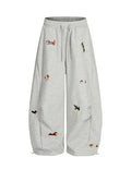 Vamtac X-Small Gray Embroidery Puppy Baggy Sweatpants - Wide Leg Casual Drawstring Unisex Y2K Style
