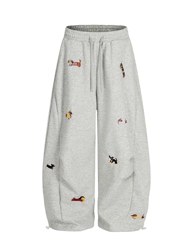 Vamtac X-Small Gray Embroidery Puppy Baggy Sweatpants - Wide Leg Casual Drawstring Unisex Y2K Style