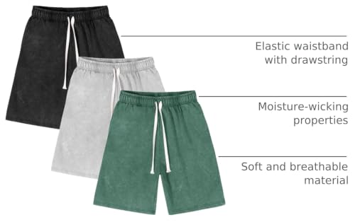 Flygo Men's 3 Pack Athletic Sweat Shorts - Acid Washed with Pockets - Large / Black Light Grey Green