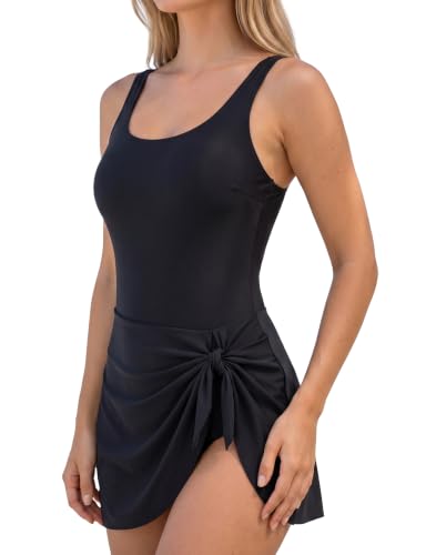Women's Black Swim Dress with Tummy Control & Adjustable Straps - Large