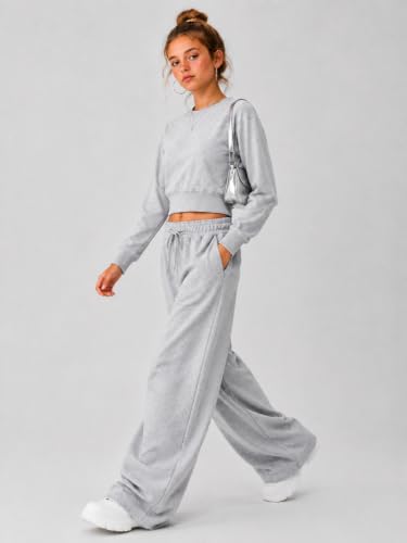 Teen Girls Wide Leg Sweatpants 2 Pack with Pockets High Waist Baggy Pants - Black & Grey 15-16 Years