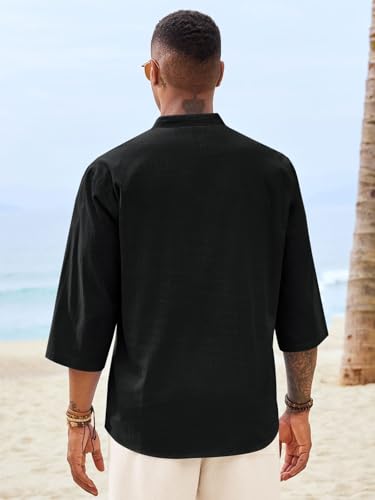 Men's Casual Linen Henley Shirt - 3/4 Sleeve Summer Beach T-Shirt Large Black