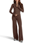Women Zip Workout Set with Flare Leggings - Chocolate Medium Size
