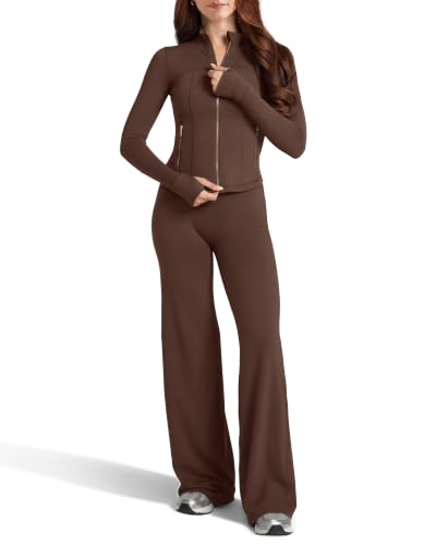 Women Zip Workout Set with Flare Leggings - Chocolate Medium Size