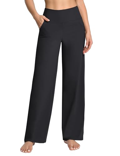 Women High Waist Wide Leg Yoga Pants with Pockets - Loose Sweatpants, 31" Inseam, Large, Black