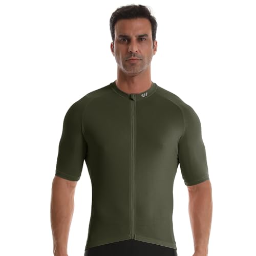 Men's Short Sleeve Cycling Jersey - Large Olive Green, Full Zipper, Breathable Quick Dry Bike Shirt with Pockets