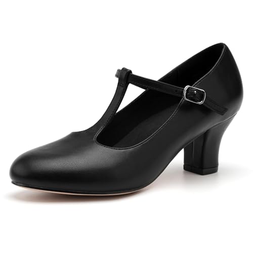 Stelle 2.5 Inch T-Strap Character Shoes for Women - Black, 8