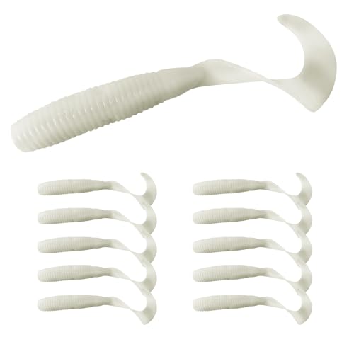 Eupheng 4in White Curly Tail Swimbait Fishing Lure 10PCS - Soft Plastic Bait