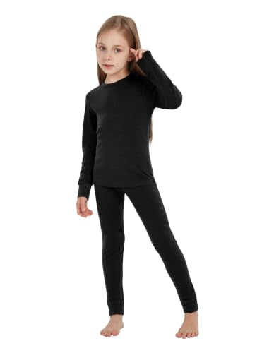 Kids Unisex Merino Wool Base Layer Set - Lightweight Thermal Underwear, Black, 11-12 Years | Woolcano