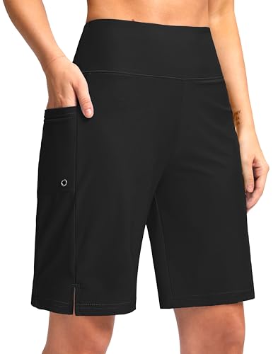 Women's 9-Inch Long Swim Board Shorts with Pockets - X-Large Black