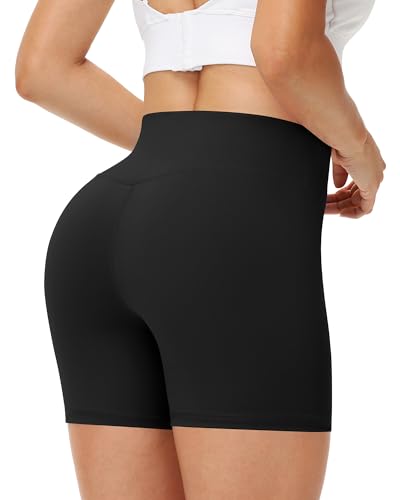 Runhit Women's High Waisted Workout Biker Shorts - 5 Inch Medium Black Variation