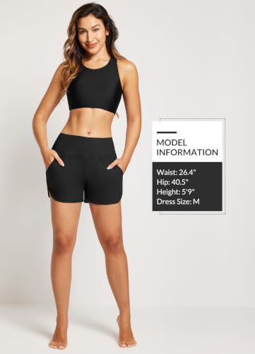 High Waisted Swim Shorts with Pockets - 3 Inch Inseam, Large, Black