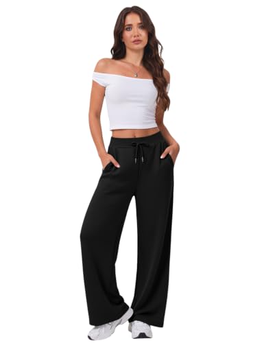 LOMON Women's Wide Leg High Waist Lounge Joggers - Large Black
