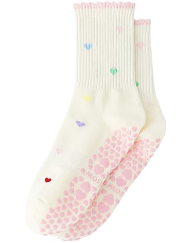 Women’s Pilates Grip Socks Pink Mini Heart One Size - Cute Embroidered Yoga Socks