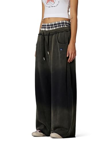 Large Dark Grey Double Waist Washed Baggy Sweatpants - Loose Wide Leg Casual Pants with Pockets