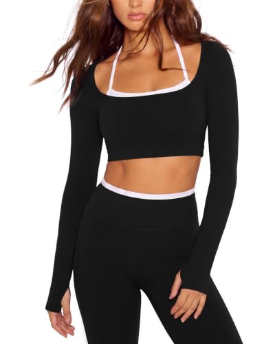 Layered Workout Sets for Women with Pockets Halter Pilates Gym Set - Black Medium