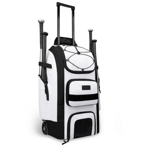 White 55L Wheeled Baseball & Softball Bag with Bat Holders & Ventilated Cleat Compartment