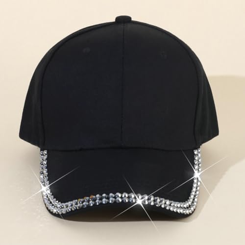 Black Rhinestone Baseball Cap Bling Stylish Adjustable Sun Hat for Women